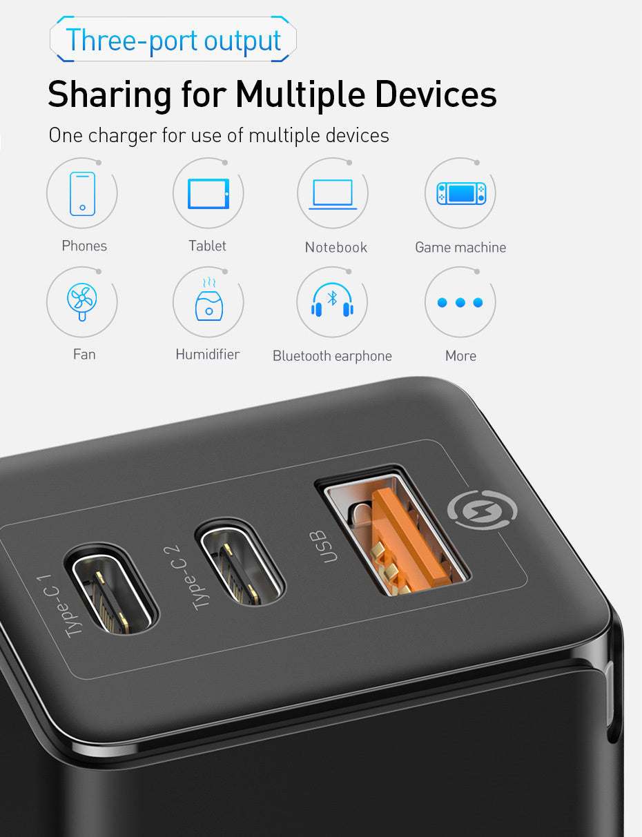 Fast mobile phone charger with three ports for multiple device sharing, including Type-C and USB connections.