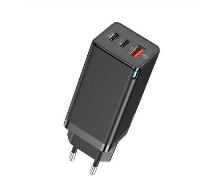 Fast mobile phone charger with Quick Charge 4.0, three ports, including two Type-C and one USB port.