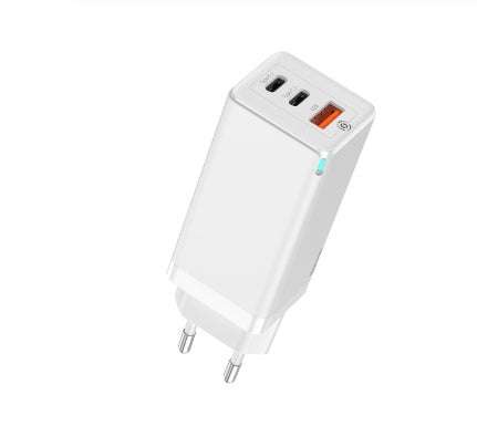 Fast mobile phone charger with Quick Charge technology, two Type-C ports, and one USB port.