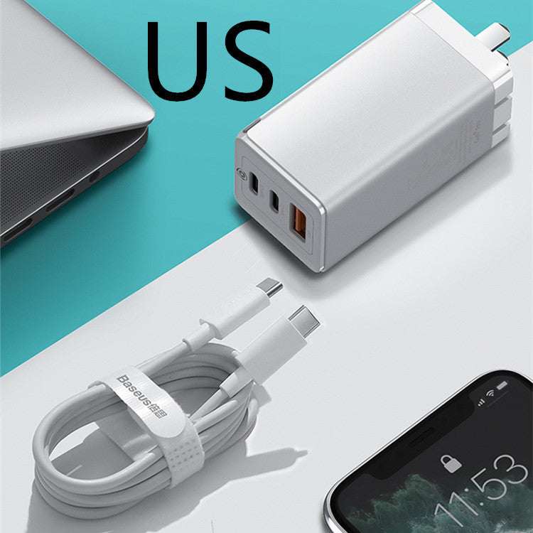 Fast mobile phone charger with Quick Charge technology, multiple ports, and high-speed output.