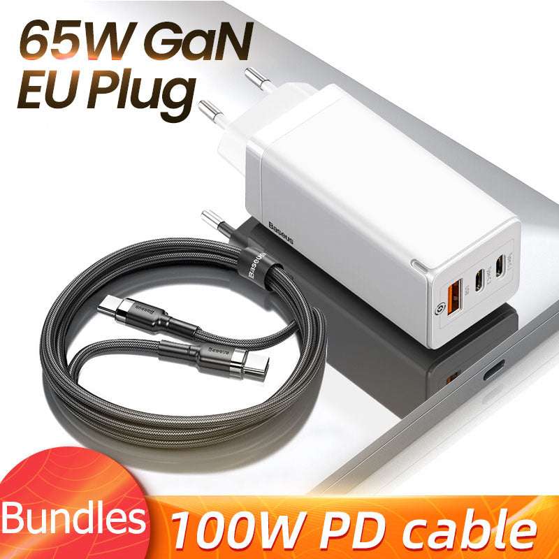 65W GaN fast mobile phone charger with EU plug and 100W PD cable.