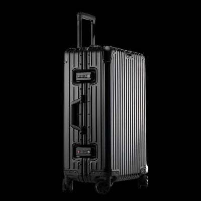 Aluminum magnesium alloy luggage with universal wheels, sleek silver finish.