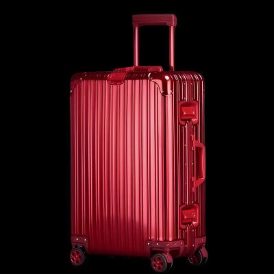 Aluminum magnesium alloy luggage with red finish and universal wheels.