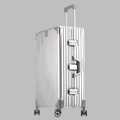 Sleek silver aluminum magnesium alloy luggage with universal wheels, showcasing a modern design.