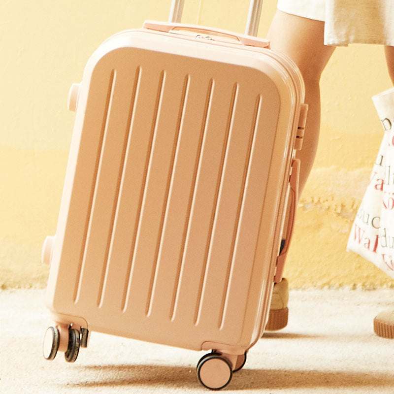 Candy color luggage with universal wheels for female students, features frosted ABS PC material and soft carry handle.