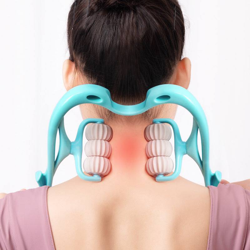 Multifunctional six-wheel neck massager relieving muscle tension with ergonomic swan-shaped design.