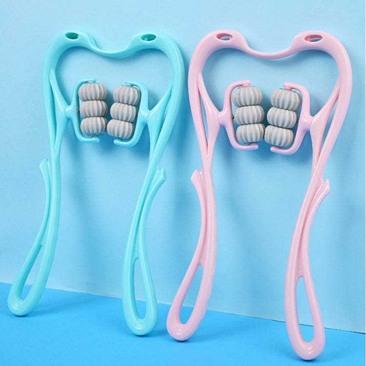 Multifunctional manual six-wheel neck massager in blue and pink with ergonomic swan-shaped design.