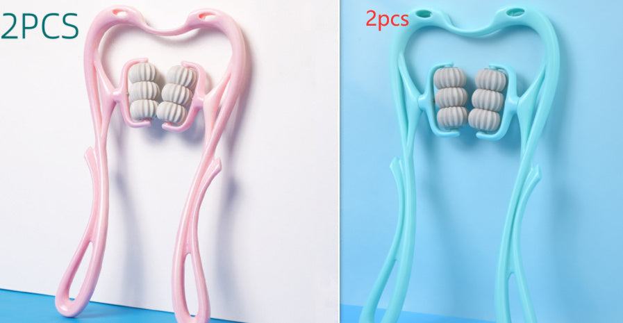 Six-wheel neck massager in pink and blue, ergonomic design, dual massage balls for deep tissue relief.