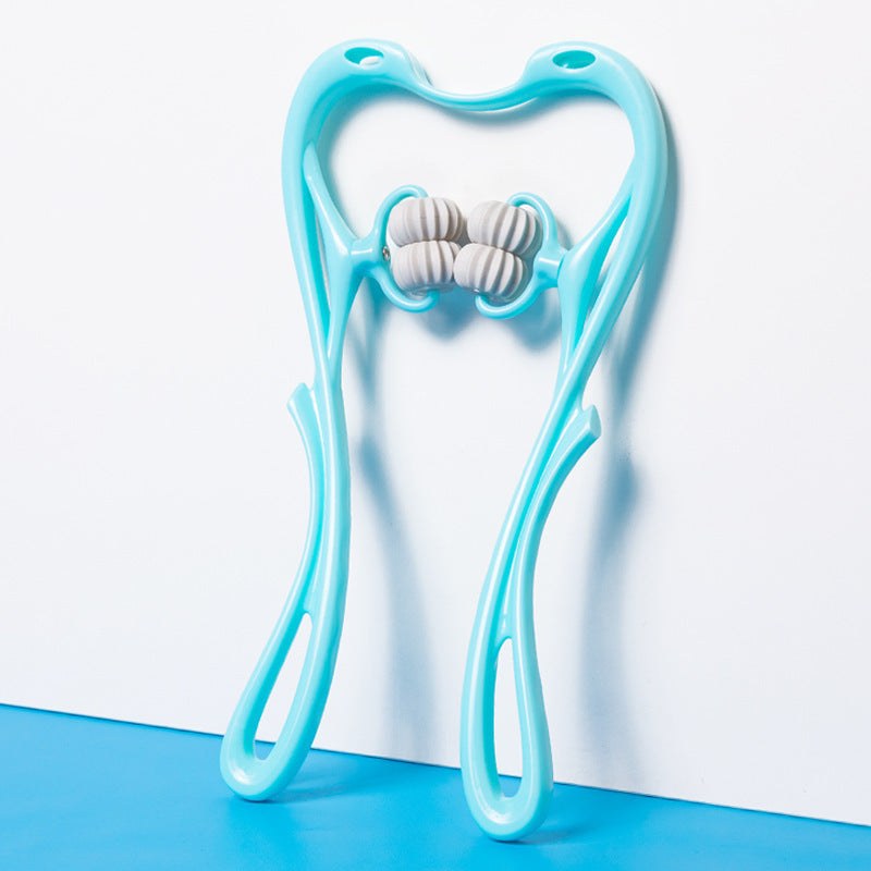 Six-wheel neck massager in blue with ergonomic design and rotating massage balls for targeted muscle relief.