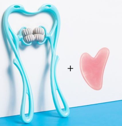 Six-wheel neck massager with ergonomic design and jade scraping board for muscle relief.