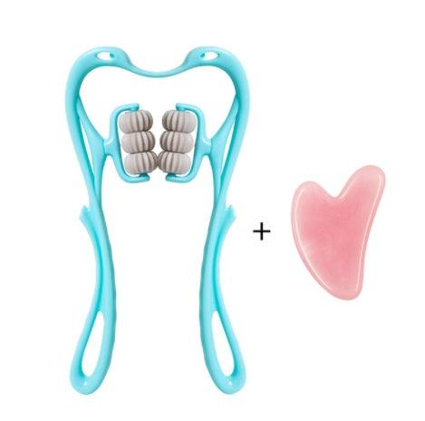 Six-wheel neck massager with ergonomic design and a pink crystal jade scraping board for muscle relief.