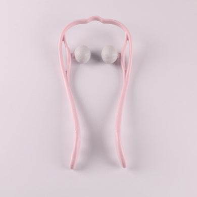 Six-wheel neck massager with ergonomic design and rotating massage balls in pink.