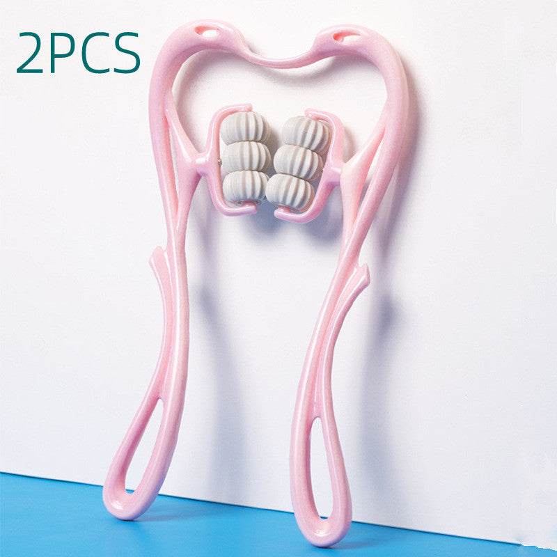 Pink multifunctional six-wheel neck massager with ergonomic design and 360° rotating rollers for muscle relief.