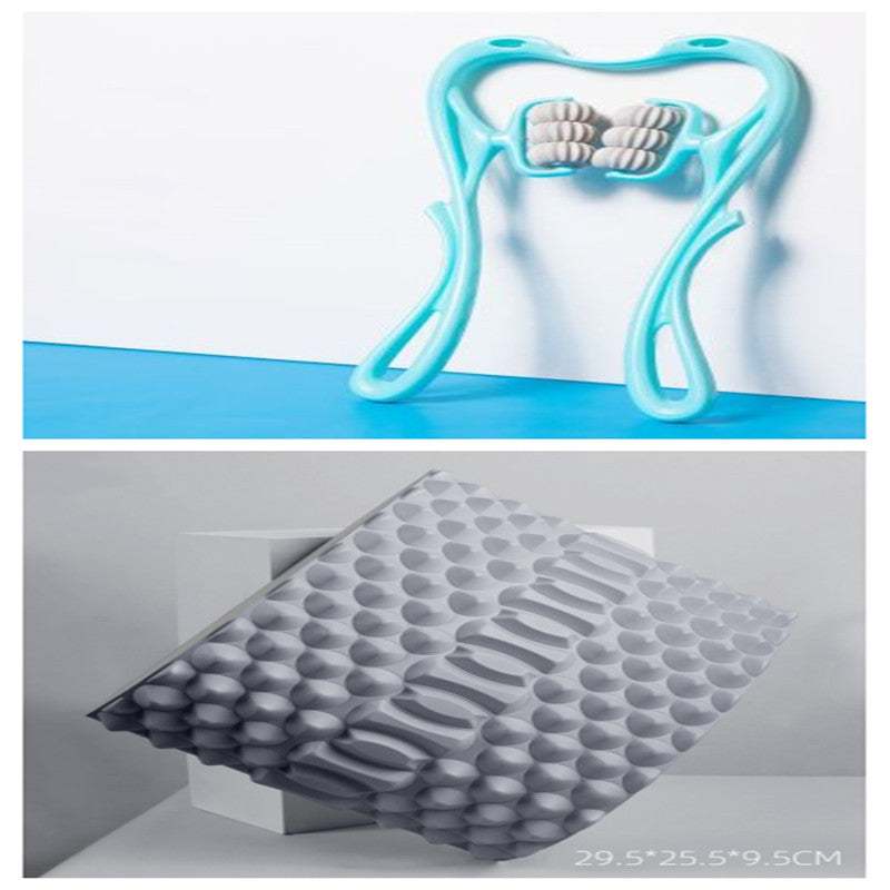 Six-wheel neck massager with ergonomic swan design and 360° rotating rollers for deep tissue relief.