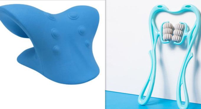 Multifunctional six-wheel neck massager with ergonomic design and adjustable pressure handles for deep tissue relief.