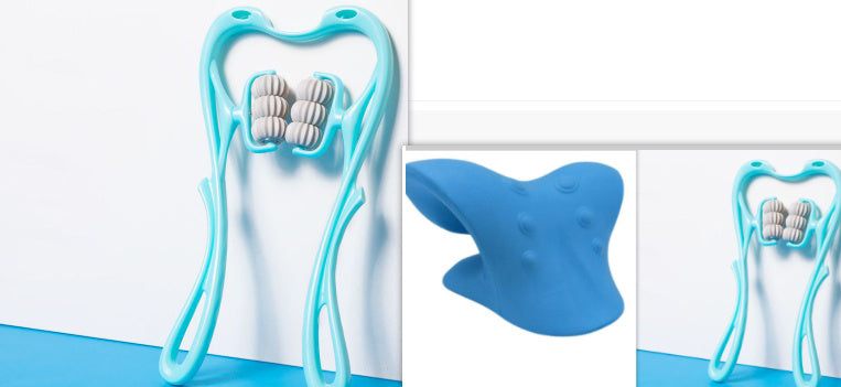 Multifunctional six-wheel neck massager with ergonomic design, featuring 360° rotating rollers and removable massage balls, ideal for muscle relief and improved circulation.
