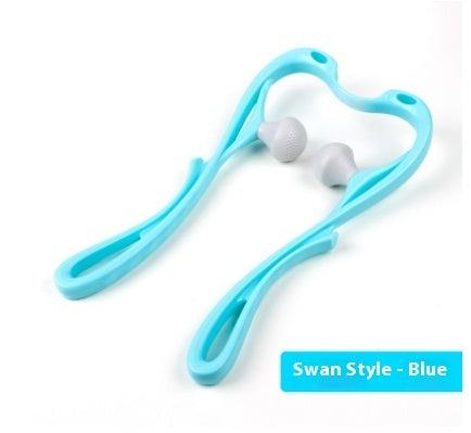 Six-wheel neck massager in swan style, blue, ergonomic for neck and shoulder relief.