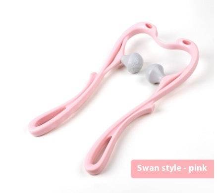 Six-wheel neck massager in ergonomic swan-shaped design for targeted muscle relief in pink.