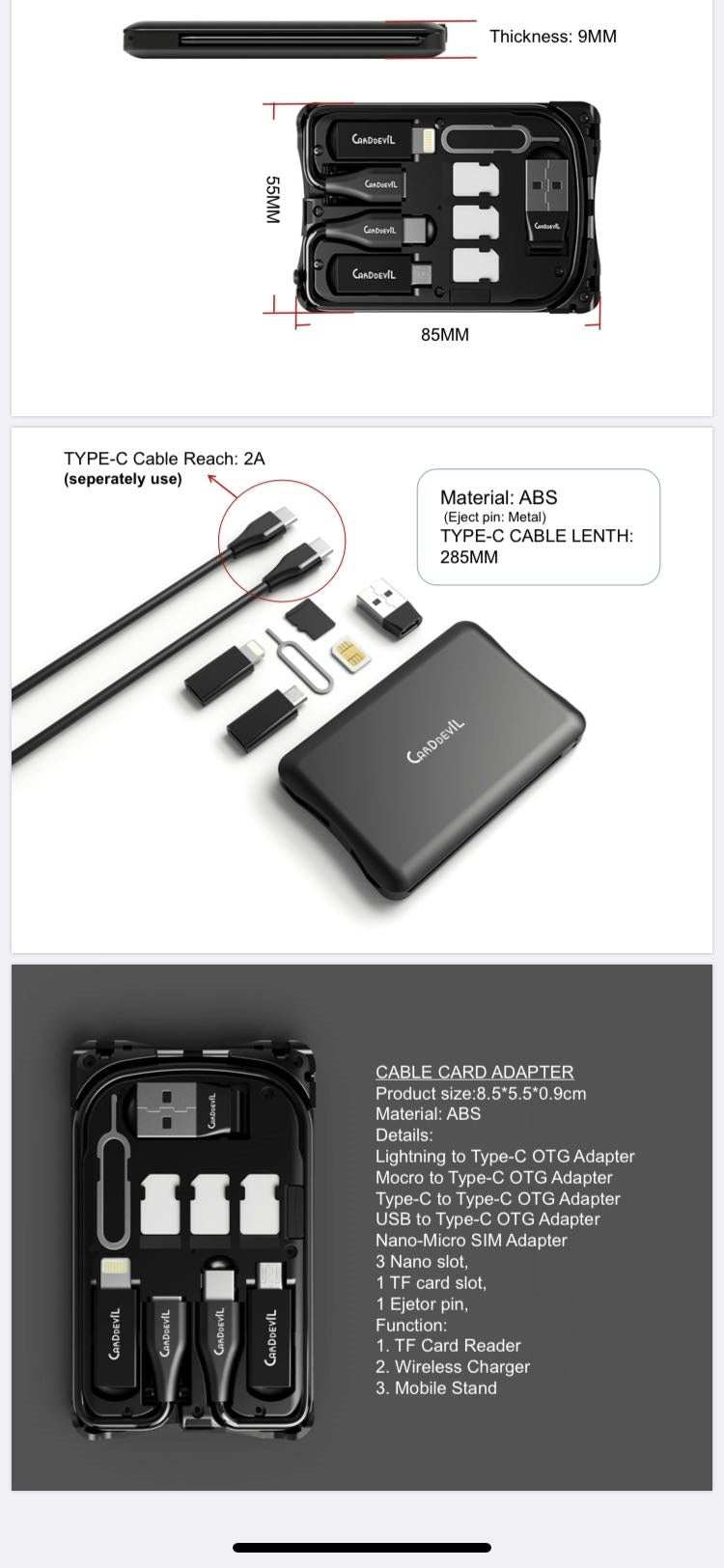 Multifunctional travel survival card with wireless charging and USB, Type-C, Micro USB interfaces.