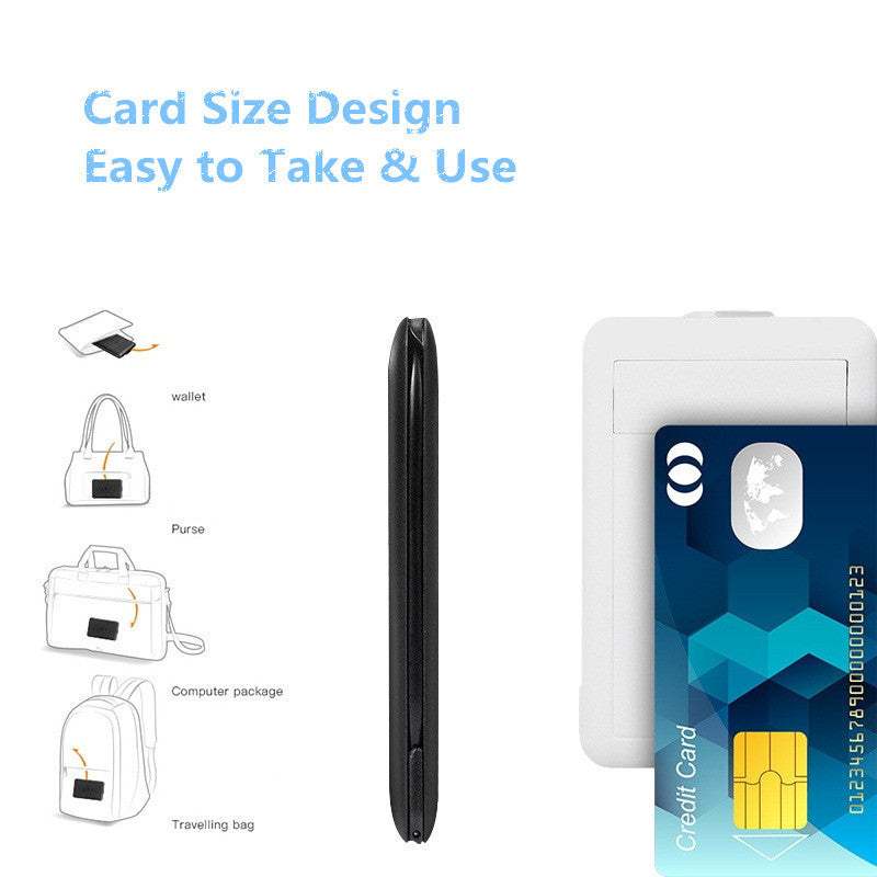 Multifunctional Travel Survival Card with easy-to-carry design showcasing compatibility with wallets, purses, and bags.