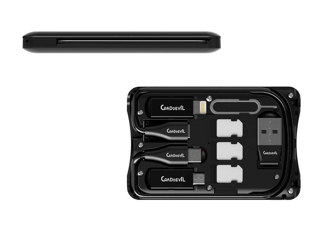 Multifunctional travel survival card with wireless charging and multiple interfaces including USB, Type-C, and Micro USB.