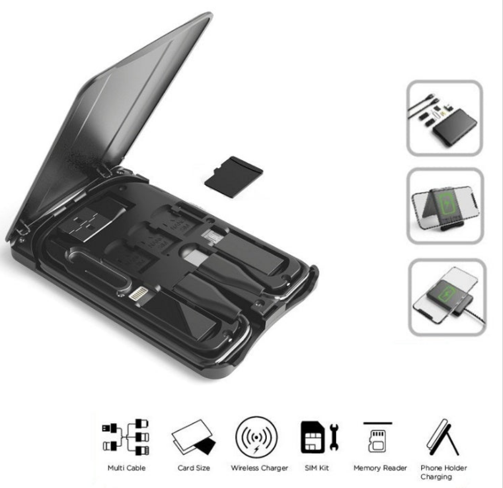 Multifunctional Travel Survival Card with all-in-one data cable and wireless charging capabilities.