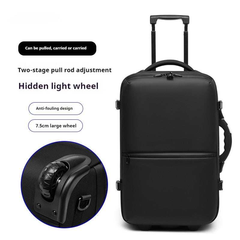 Multi-functional men's compression travel bag in black with trolley handle and wheels, business style.