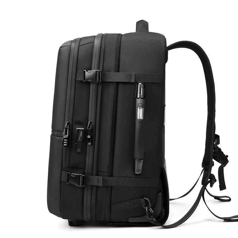 Multi-functional men's compression travel bag in solid black, made of Oxford cloth, ideal for business travel.