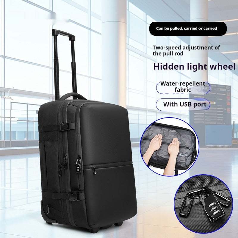 Black multi-functional men's compression travel bag with wheels and USB port, ideal for business travel.
