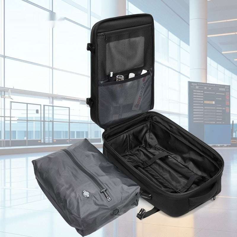 Multi-functional men's compression travel bag in business setting.