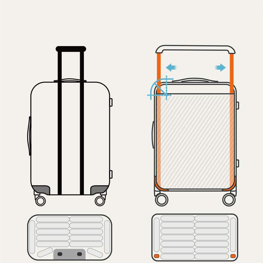 Wide trolley case with large capacity, solid color design, PC texture, various zipper compartments.