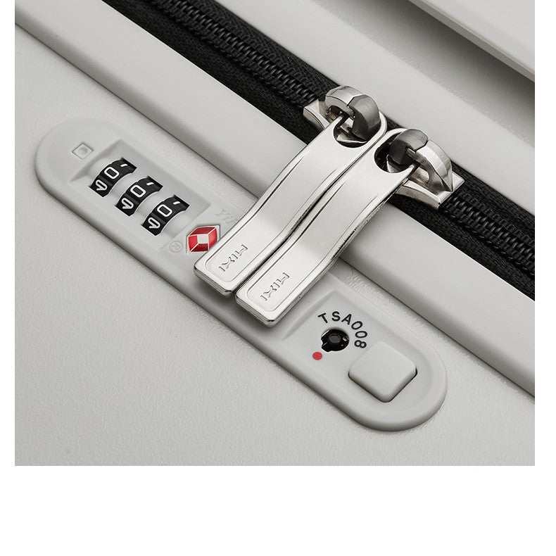 Wide trolley case with TSA lock and zipper closure.