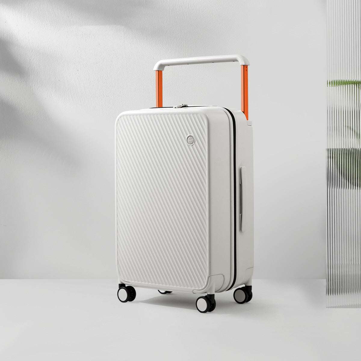 Wide trolley case with large capacity, solid color design, and zipper closure in modern fashion style.