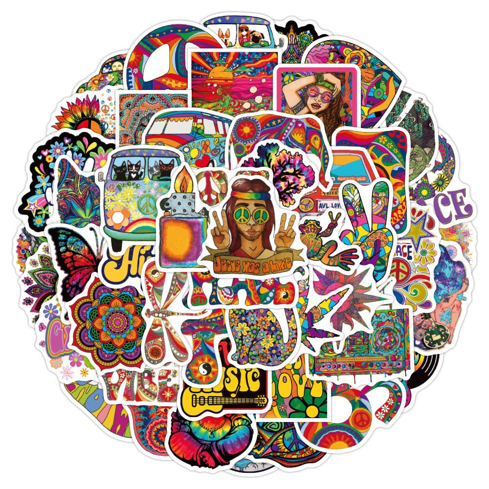 Psychedelic hippie style stickers for suitcase, notebook, skateboard, strong adhesion, vibrant trippy designs, Personality Doodle Suitcase.