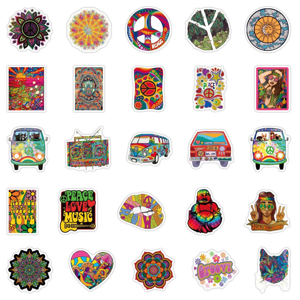 Hippie-themed personality doodle suitcase stickers, 50-piece set with psychedelic retro 70s art and bright neon colors.