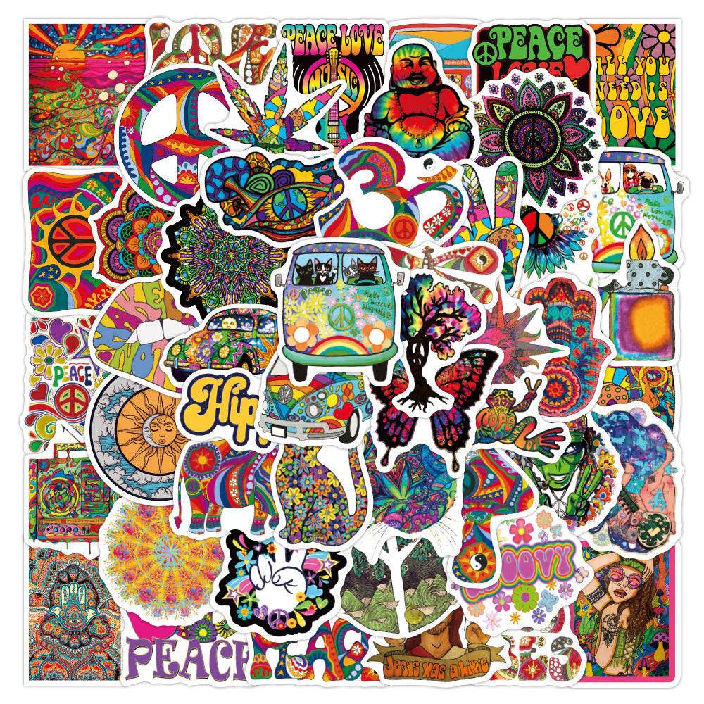 Psychedelic 70s retro style stickers with bright neon colors and hippie designs, ideal for decorating suitcases and skateboards.