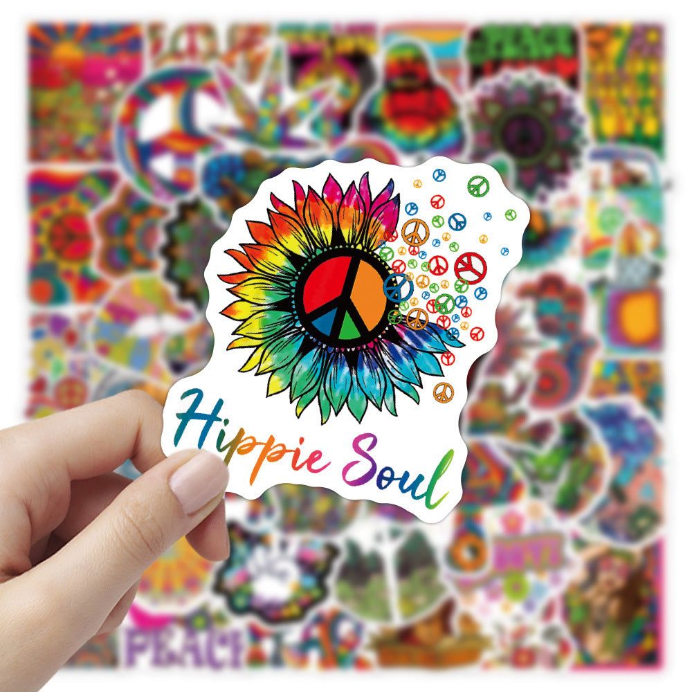 Colorful hippie-themed sticker with peace symbol and psychedelic art style against a collage background.