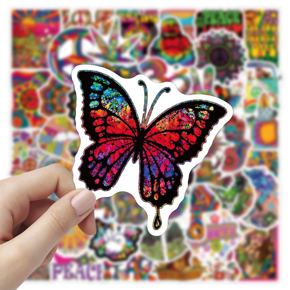 Psychedelic butterfly sticker with blurred trippy, colorful background; Personality Doodle Suitcase.
