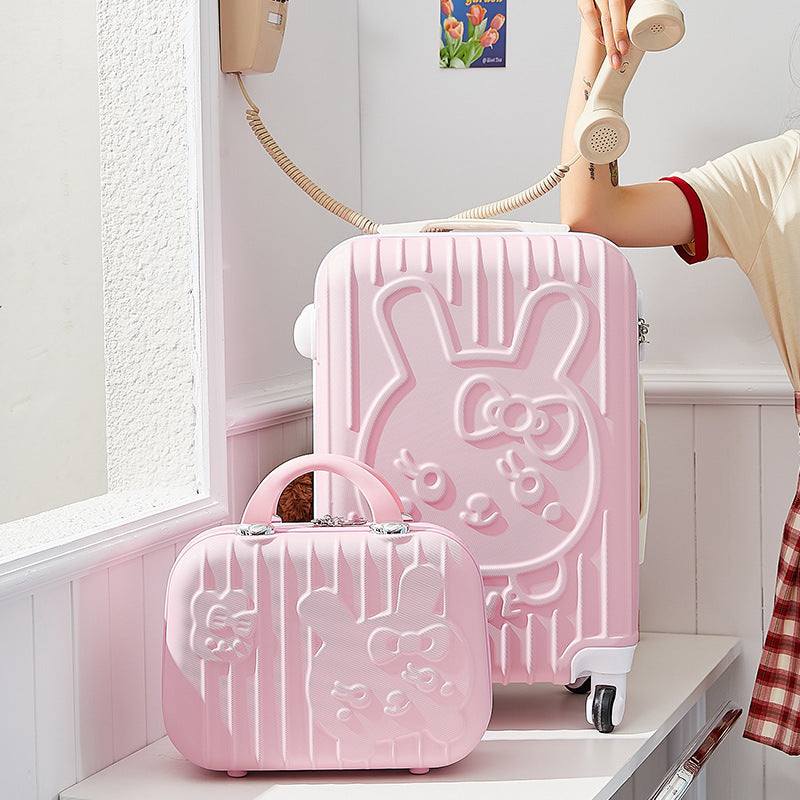 Schoolgirl fashion cute password trolley case in light pink, featuring an embossed rabbit design, shown with matching small suitcase.