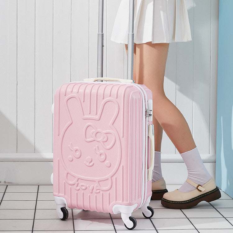 Schoolgirl fashion cute pink trolley case with bunny design, waterproof ABS material.
