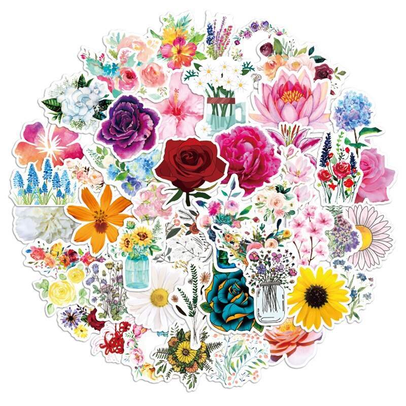 Colorful waterproof suitcase stickers with floral designs, HD printed, PVC material, 5-10CM size, 50 unique patterns.