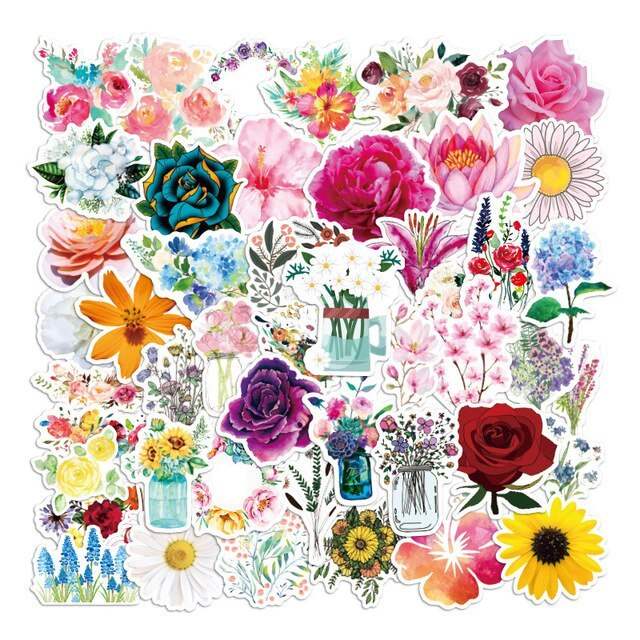 Colorful floral suitcase stickers, waterproof PVC, 50 unique designs.