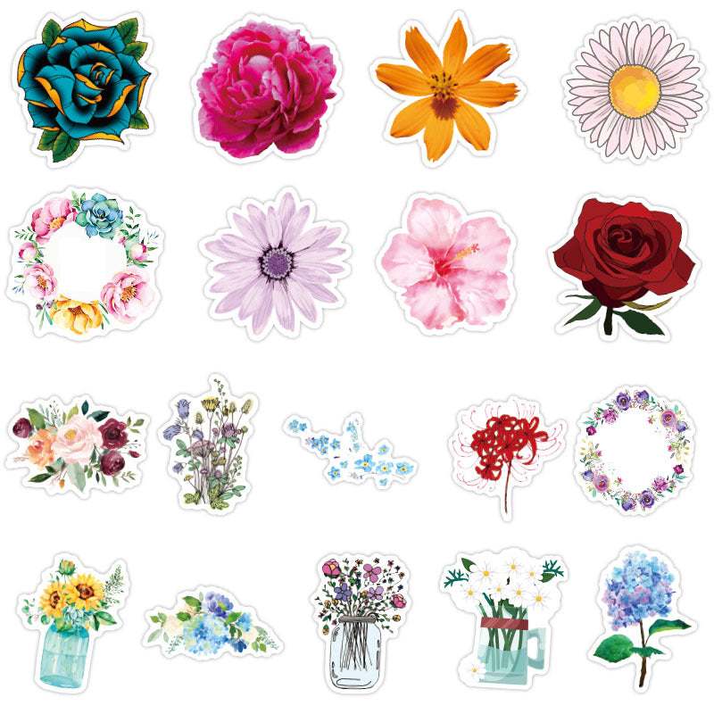 Waterproof suitcase stickers with floral designs, HD printed, PVC material, 5-10CM, 50 unique sheets.