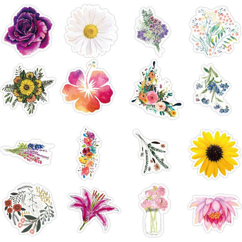 Colorful floral suitcase stickers set, waterproof PVC material, 50 unique designs, sizes 5-10CM.