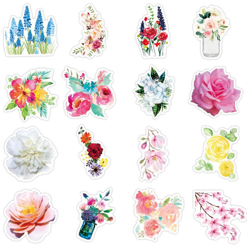 Waterproof PVC suitcase stickers featuring various floral designs, 5-10cm, vibrant colors.