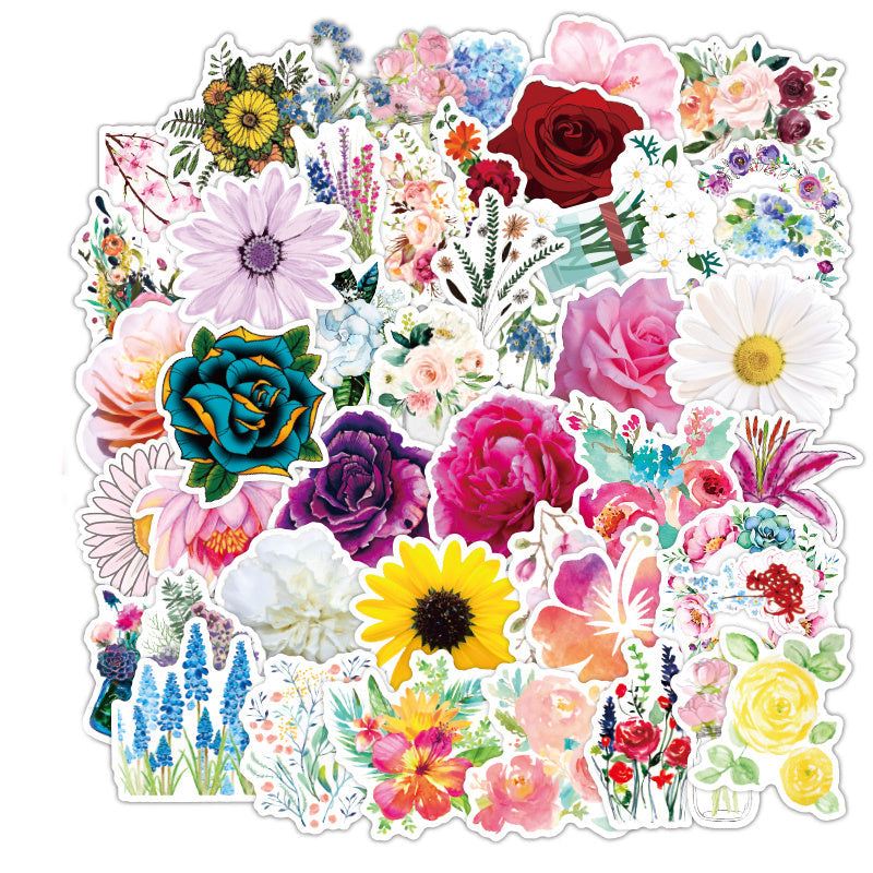 Waterproof suitcase stickers with floral designs, 50 PVC sheets, 5-10cm sizes, non-repeating patterns.
