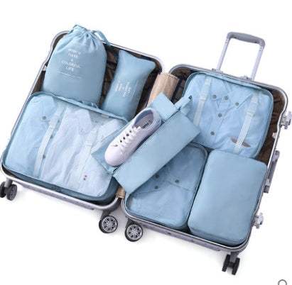 Travel luggage storage bags in a suitcase for organized packing.