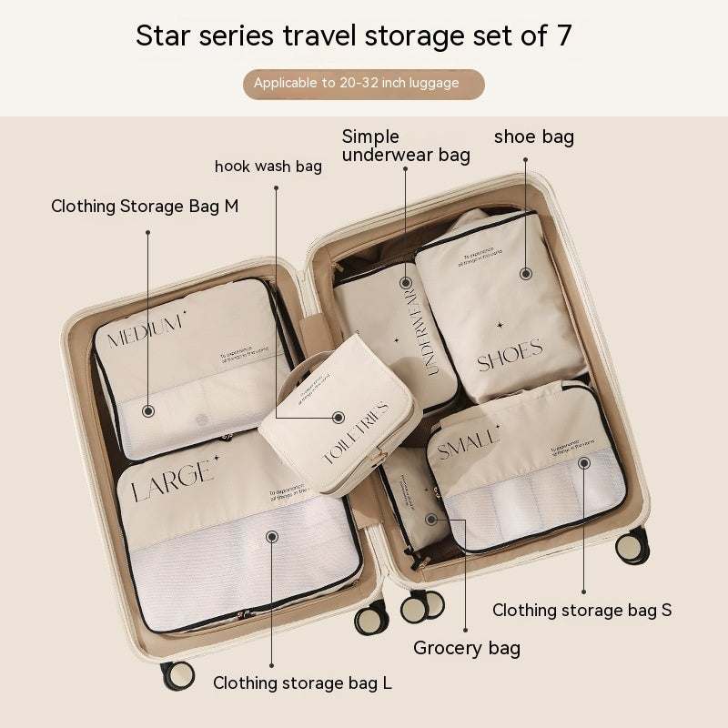 Star series travel storage bag set of 7 in a suitcase, featuring clothing storage bags, shoe bag, and more. Ideal for organizing luggage.