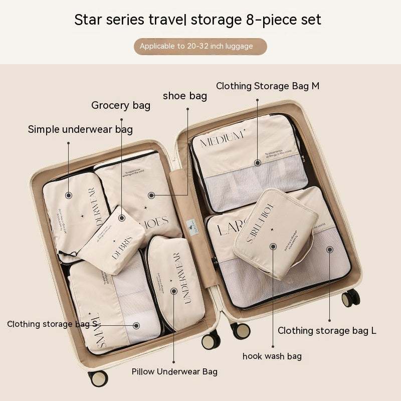 Travel storage bag set with multiple compartments in a suitcase.