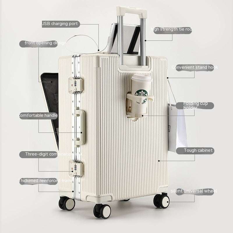 Trolley aluminum frame luggage with USB port, cup holder, and universal wheels in white.